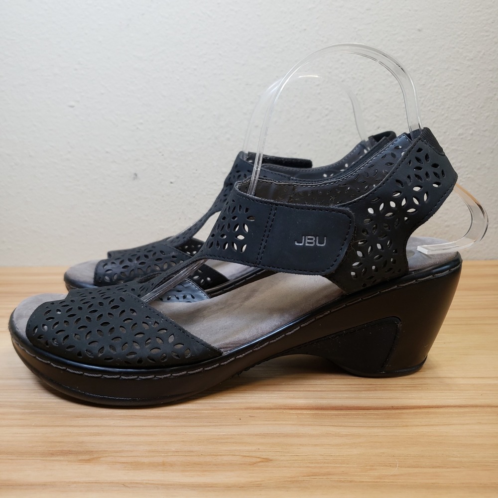 JBU Chloe Wedge Sandals Black Laser Cut Wide Straps Chunk Heel Euro Summer 11M
